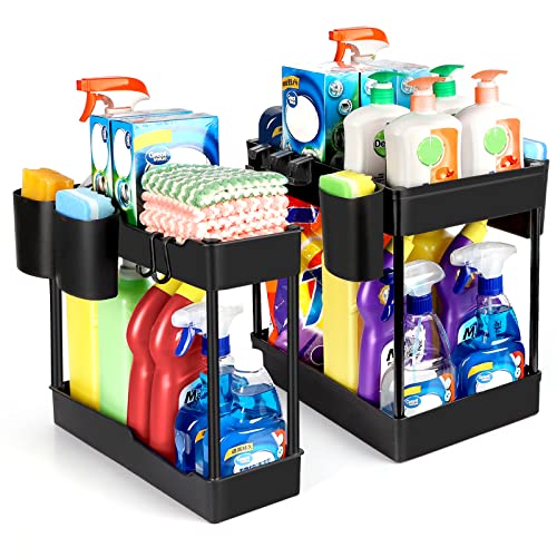 2 Packs Under Sink Organizer And Storage, Stackable Kitchen Bathroom Organizer 2 Tier Under The Sink Organizers Multi-Usage Counter Cabinet Organizers Bath Shelf Baskets W 4 Hanging Cup Hooks, Black #TOP10