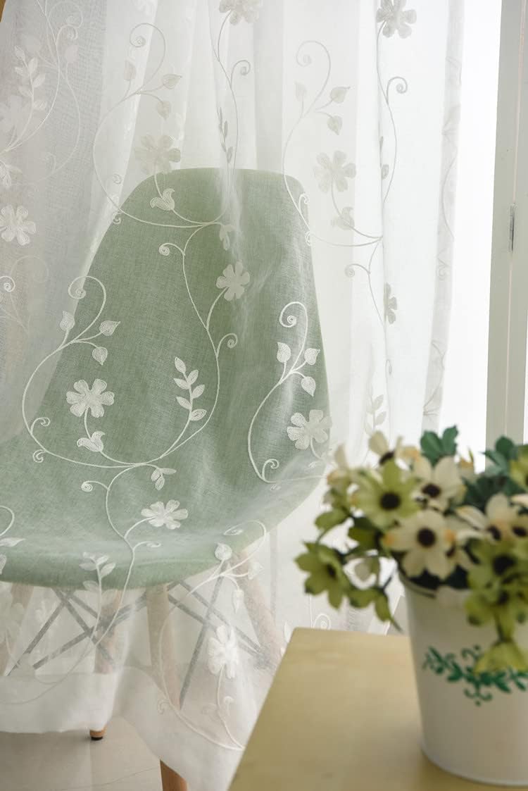 HooHero White New Simple White Linen Embroidery Sheer Curtains Window Treamtents Rod Pocket Top Style Voile Gauze for Living Room Bedroom Balcony
