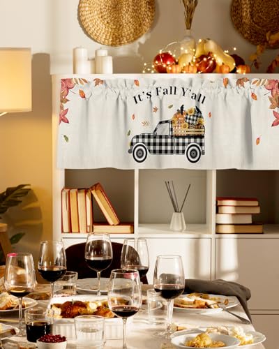 Fall Valances Windows Curtain Thanksgiving Pumpkin Maple Leaf Farm Buffalo Plaid Truck Kitchen Valances Rod Pocket It's Fall Y'all Short Topper Curtains Autumn, Fall Seasonal Decor 1 Panel, 54x18 inch - Image 3