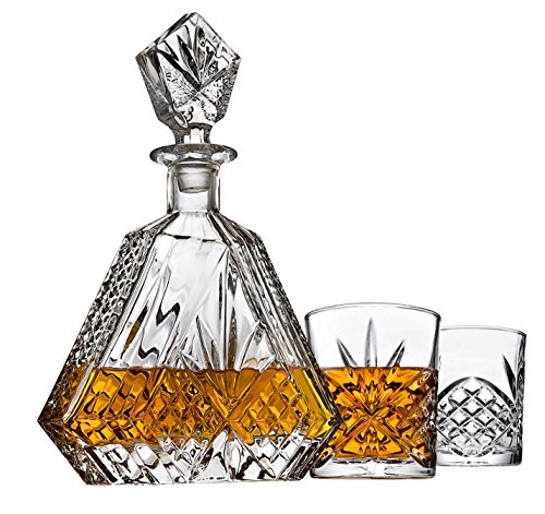 Whiskey Decanter Set with 2 Old Fashioned Whisky Glasses for Liquor Scotch Bourbon or Wine - Irish Cut Triangular