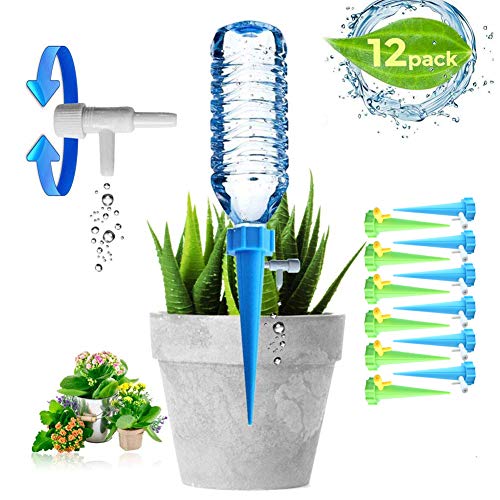 Plant Self Watering Spikes System with Slow Release Control Valve Switch Self Irrigation Watering Drip Devices, Plant Waterer with Anti-Tilt Anti-Down Bracket, Suitable for All Bottles