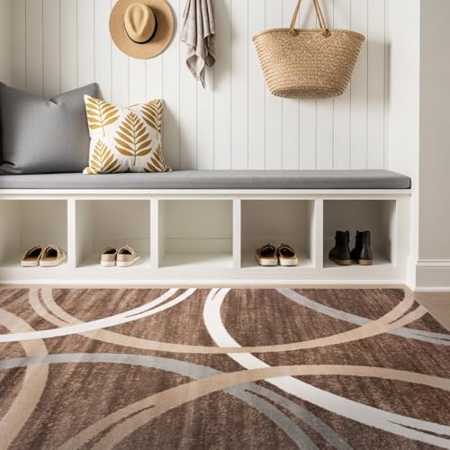 Rugshop Modern Wavy Circles Design Area Rug, Carpet with Jute Backing for Bedroom, Office, or Entryway, Brown, 4' x 6'