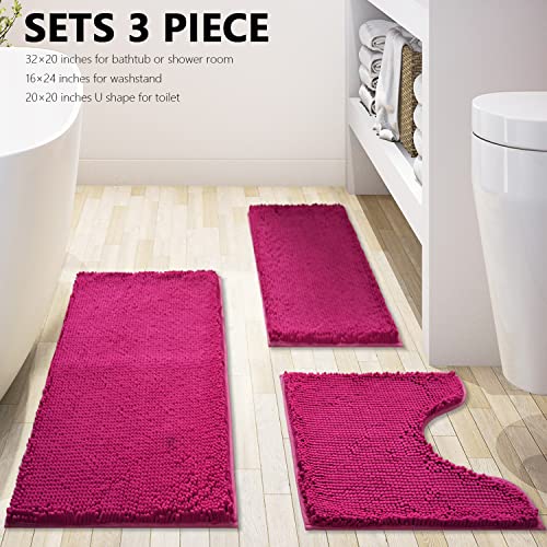 Image of Bathroom Rugs Chenille 3-Piece Extra Soft and Absorbent Shag Bathroom Rugs, Machine Wash Mat, Strong PVC Non-Slip Underside, Plush Carpet Mats (Rose Red)