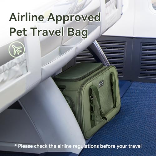 Petsfit Transportbox Katze Flugzeug Transporttasche Katze Hund mit Decke Hundetasche stabil & atmungsaktiv, hochwertige Matertial mit Trolley-Hülse Olivgrün(49x23x28 cm)