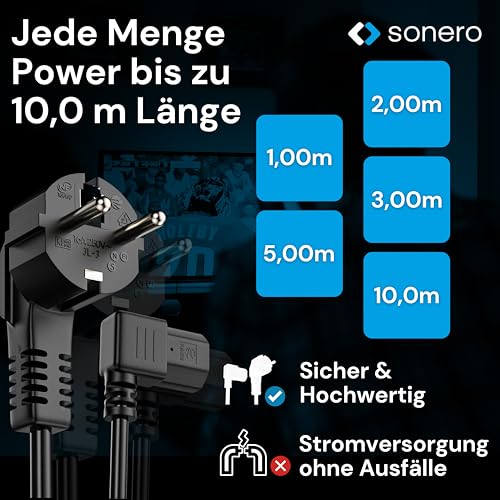sonero Kabel zasilający do urządzeń zimnych, 3-biegunowy, 3,0 m, wtyczka z zestykiem ochronnym, wtyczka sieciowa na złącze urządzenia zimnego C13, kąt 90°, kabel zasilający do monitora, drukarki PC