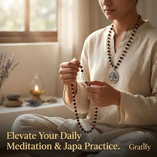 Image of Gratify Rudraksha Karungali Mala with Hanuman Pendant (8mm, 54 Beads) | Natural Ebony Wood & Sacred Rudraksha Spiritual Necklace for Meditation, Protection & Positive Energy | Unisex Prayer Mala