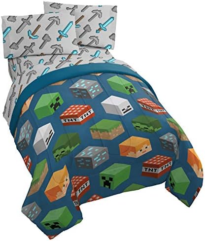Jay Franco Minecraft Isometric 5 Piece Full Bed Set - Includes Comforter & Sheet Set - Bedding Features Creeper - Super Soft Fade Resistant Polyester - (Official Minecraft Product)