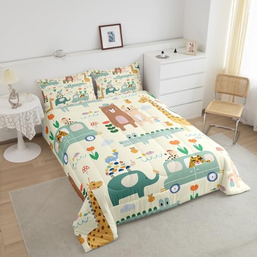 Image of Feelyou Kids Cartoon Elephant Bedding Set Full Size, Crocodile Comforter Set Boys Girls Bear Rabbit Comforter Zoo Animals Duvet Insert Kids Room Decor Microfiber Bed Set