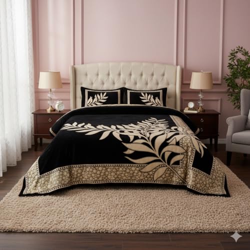 Image of Fresh from Loom Bed Sheet in Chenille 500 TC, Leaf Print Print Bedsheet Set with 2 Pillow Covers, Stylish Bed Cover for Home Decor, Easy Care Breathable Bedd 90x100 Inches | Leaf Black | Chenille