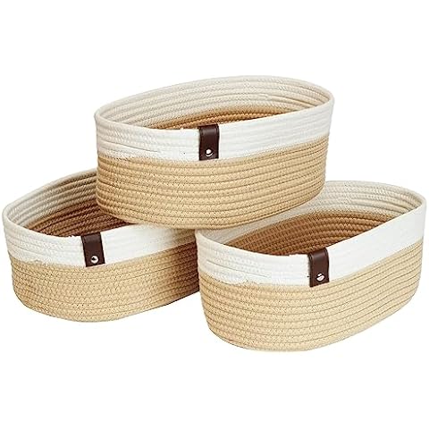 Nursery Storage Bins Woven Storage Basket-Small Baskets for Organizing Cotton Rope Storage Baskets for Shelves Dog Toy Basket Bin-White&Beige Cover