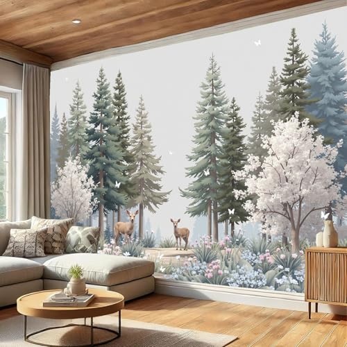Mural para salón y cuarto infantil de bosque místico en tonos verde oscuro 6