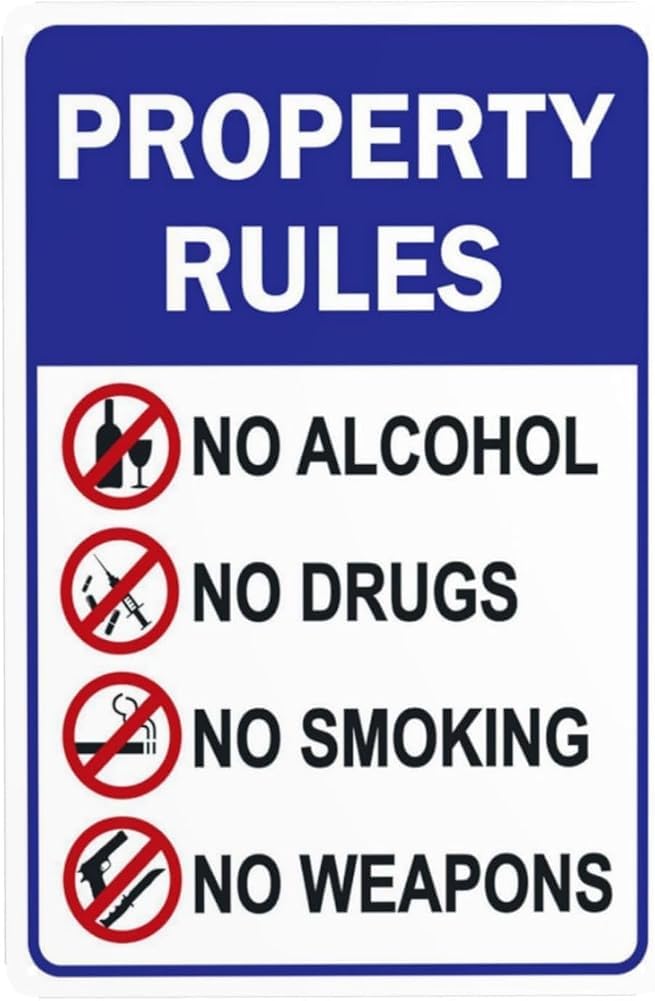 Property Rules Sign No Alcohol No Drugs No Smoking No Weapons Warning Sign Private Property Security Metal Signs For Business Home Street Wall Safety Caution Decor Gift For Women Men 8x12 Inch