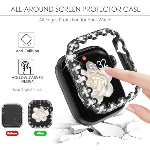 Wingle Bling Case Bumper for Apple Watch Series 11 10 42mm Case Cover, 4 Leaf Clover Lace Edge Diamond Crystal Rhinestone Protective Face Cover Hard PC Frame Protector iWatch 11 10 Cases 42 mm, Black - image 5