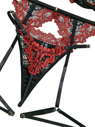 Image of Lilosy Sexy Choker Floral Lace Scallop Sheer Underwire Push Up Garter Belt Lingerie Set 3 Piece