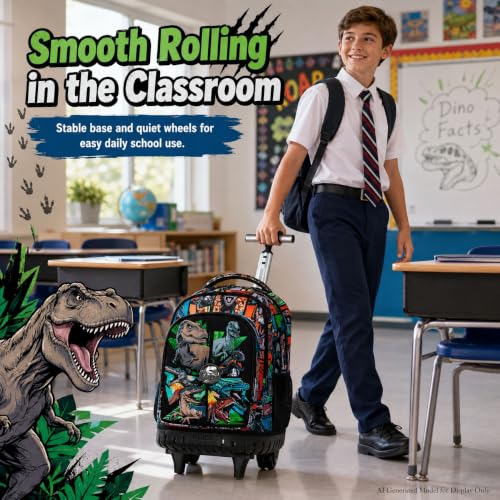 Image of CCJPX 3PCS Rolling Backpack for Boys, 21 Inch Water Resistant Dinosaur Backpacks with Roller Wheels, Wheeled Bookbag for Teens Elementary School Travel-Brown