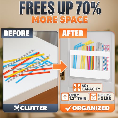 Image of 9.5 inch Cabinet Door Peel and Stick Straw Holder - White Plastic Straw Holder for Cabinet Door, With Strong Adhesive Tape, Space-Saving Easy Mounted Storage for Straws, Utensils, Chopsticks and More