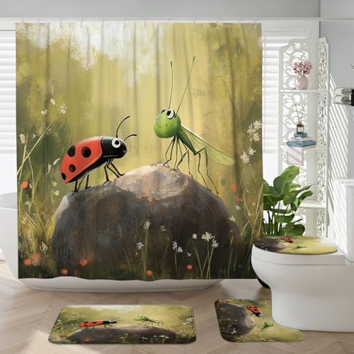 DESIHOM 4PCS Cartoon Kids Ladybug Shower Curtain 72''x72'' with Hooks, Bathroom Accessory Sets with Bath Mat, U Shape and Toilet Lid Cover Mat, Anime Fun Insect Home Fabric Decor