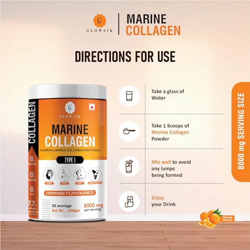 Image of Glowsik Korean Marine Collagen Powder | Marine Supplements for Women and Men | Skin Radiance Collagen (400gm - orange flavour)