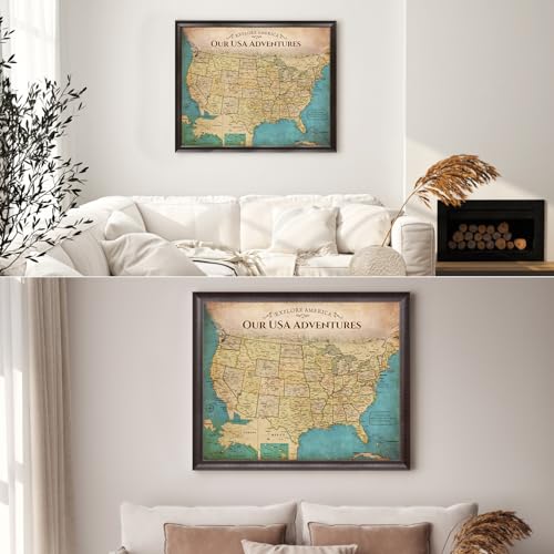Image of DECORARTS - Large Personalized Push Pin Travel Map USA, Custom Name, Pin Board Canvas Wall Art, Antique Old United States Decor, Optional Wood Frame, Giclee Print, Handcrafted in USA, 35x28''
