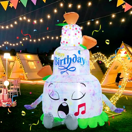 4.4FT Inflatable Tiered Cake Yard Decoration Blow Up Happy Birthday Cake with Rainbow Splatter IP65 Waterproof Decor for Engagement Anniversary & Party Includes Blower Stakes Sandbags
