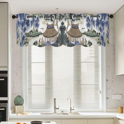 Cenefa de cortina asiática escénica en azul para sala y comedor, pack de 2 2