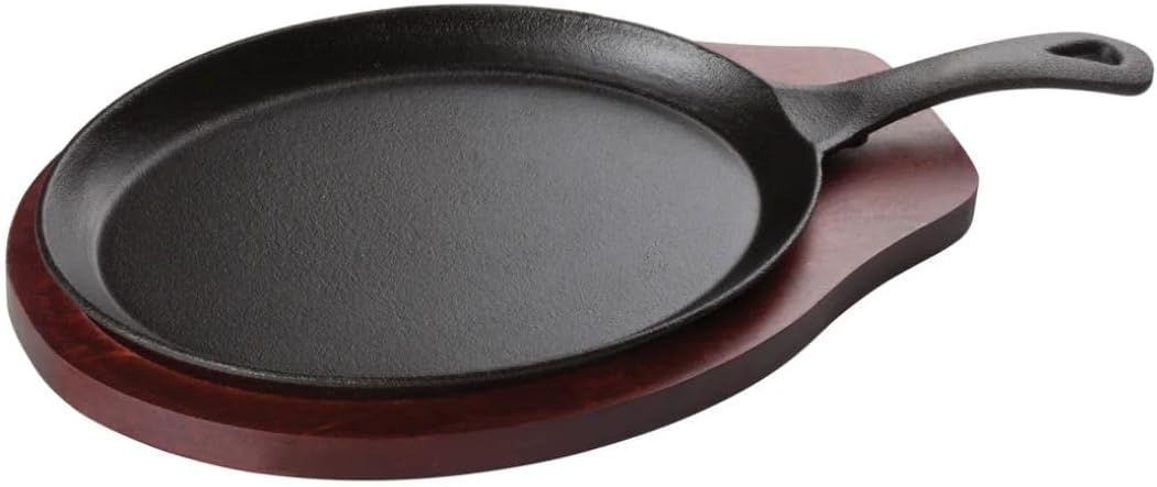 Soro Essentials- Cast Iron Fajita Server 2-Piece Set- Iron Skillet Plate Sizzler Pan Wooden Underliner with Built-in Handle for Restaurant Kitchen Cooking Accessory BBQ Party