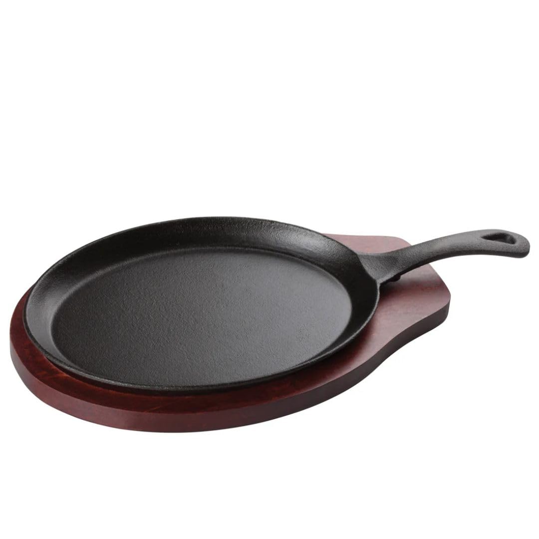 Soro Essentials- Cast Iron Fajita Server 2-Piece Set- Iron Skillet Plate Sizzler Pan Wooden Underliner with Built-in Handle for Restaurant Kitchen Cooking Accessory BBQ Party