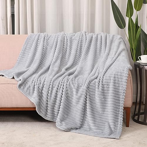 Cuddly Blanket, Fluffy Fleece Travel Throw, Blanket for Sofa, Bed, Couch, Warm and Soft Blanket with Striped Pattern, 50x60 Inches, Ash Grey