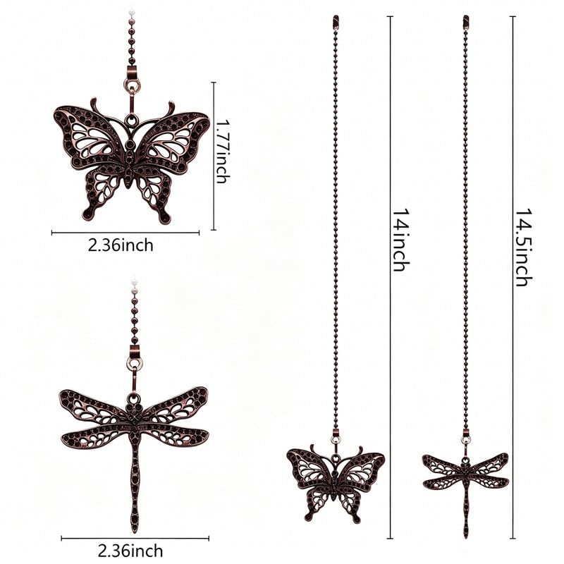 Image of 2Pcs Dragonfly and Butterfly Ceiling Fan Pull Chain, 14inch Fan Light Extender Pendant Ornaments Extension,Red Bronze Pull Chain