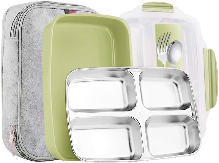 Slim Stainless Steel Square Lunch Box Set - Insulated Leak Proof Lunch Box for Adults and Kids, Non-Toxic Tasteless Safety, with Insulated Bag and Cutlery (Green Transparent lid)