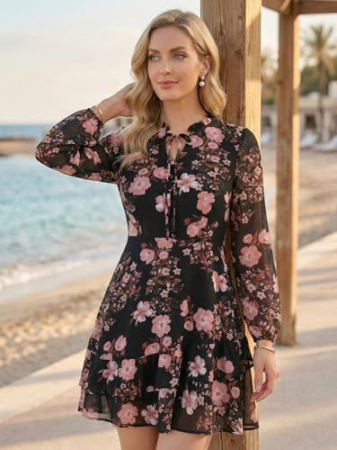 Image of Allegra K Women's Spring Dresses 2026 Tie V Neck Semi Sheer Long Sleeve Layered Tiered Chiffon Mini Floral Dress