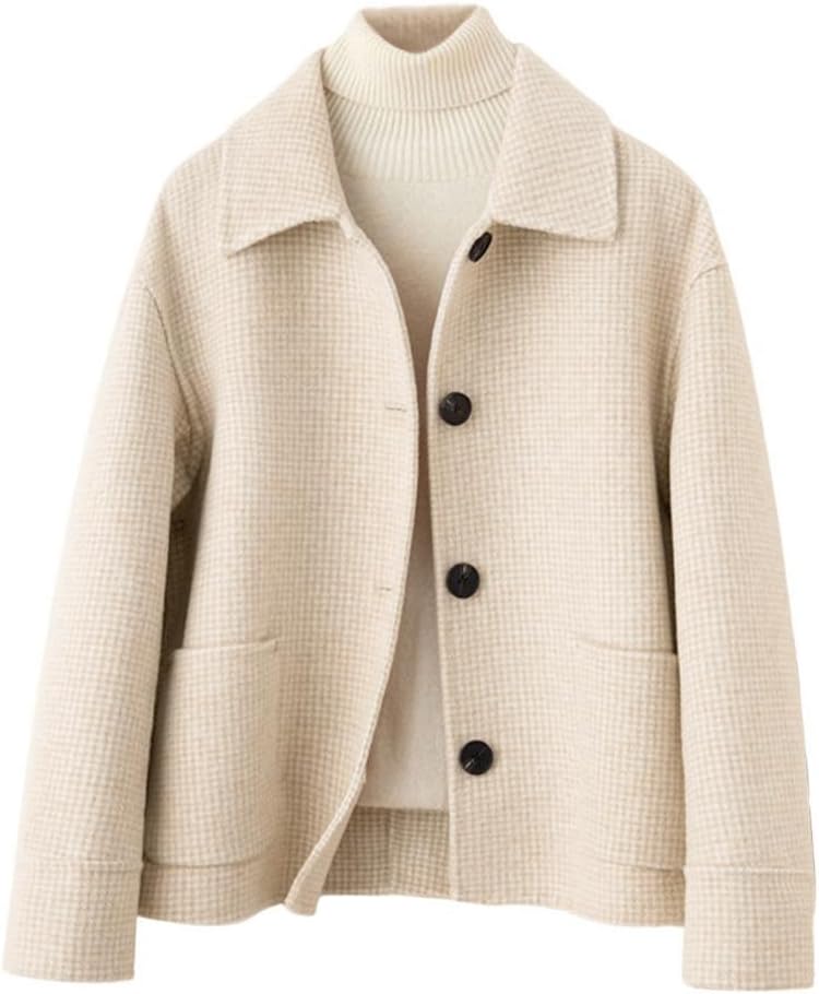 chouyatou Women's Elegant Houndstooth Plaid Cropped Wool Coat Casual Single Breasted Trench Pea Coat with Pockets