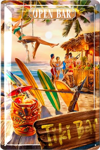 LANOLU Retro Blechschild TiKi BAR - Cocktailbar Dekoration, Surf Deko und Pool Deko, Bar Deko, Bar Schild, Cocktail Schild, vintage Metallschild für...