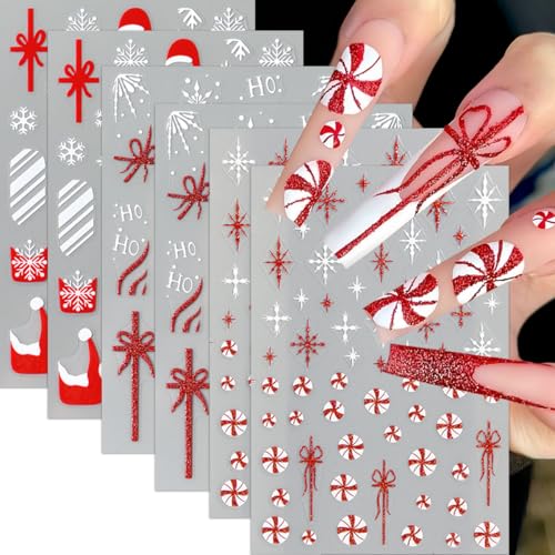 6 Sheets 3D Snowflake Nail Art Stickers Winter Christmas Nail Decals Self Adhesive Red White Glitter Snowflake Candy Gift Box Bow Nail Stickers Xmas Hat French Nail Design Nail Decoration for Women