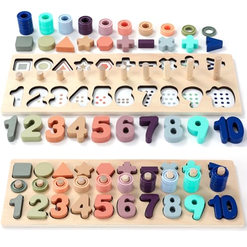 BEKILOLE Wooden Montessori Toys for Kids Number Puzzles Sorter Counting Shape Stacking Preschool Toys for Boy Girl Toddler Learning Math Blocks 3+ Year Old Girl Gifts