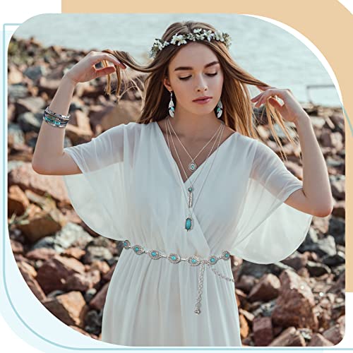 Geyoga 9 Pcs Bohemian Turquoise Jewelry Set Western Jewelry Turquoise Necklace, Vintage Dangle Earrings, Stacking Knuckle Rings, Waist Chain, Western Bracelets for Women Holiday Gift2