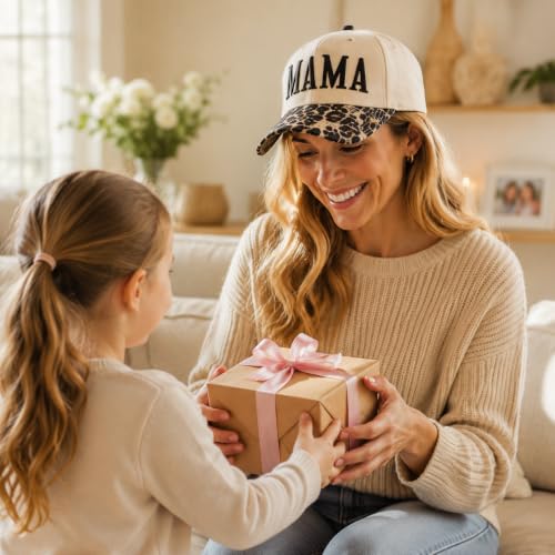 Image of Women's Mama Trucker Hat Trendy, Embroidered Adjustable Mom Baseball Cap, Two-Tone Ponytail Hat for Outfits