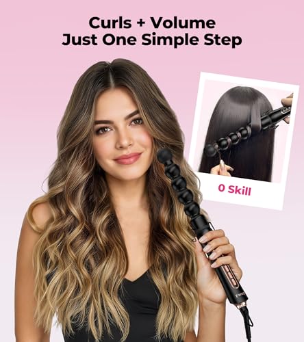 Image of Farery Bubble Curling Wand for Long Hair - 32mm Ceramic Coated Springless Barrel for Defined Spiral Curls & Waves, Smooth Shine, Includes Heat Resistant Glove, 5 Temp Settings, Dual Voltage