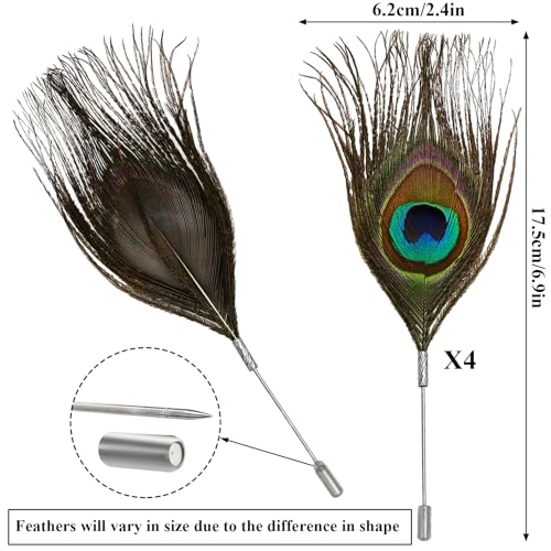Image of RechicGu 4x Peacock Feather Brooch Pin Set - Black, Vintage Feather Brooch Badge for Western Cowboy Hats, Costumes, Hair Accessories, Lapel Stick Pin