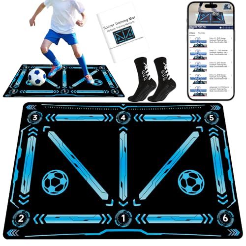 Soccer Training Mat, Soccer Training Equipment Includes Premium Anti-Slip Soccer Socks Improve Agility and Coordination,Anti-Slip Silent Absorption Football Footwork Mat（Not including the APP）