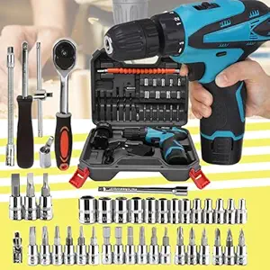 Galaxe Torque Portable Cordless Drill Set Wireless Impact Drills 12V Rechargeable Screwdriver Kits with Hand Tool Kit Socket Set For Repair (GLX12V46SS7, 74pcs tool kit)