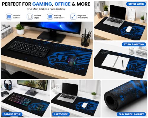 Image of Blue Leopard Gaming Mouse Pad 700 x 300 x 2 mm, Large Desk Mat with Non-Slip Rubber Base & Stitched Edges, Smooth Fabric Surface for PC, Laptop, Keyboard & Mouse(1-pcs)