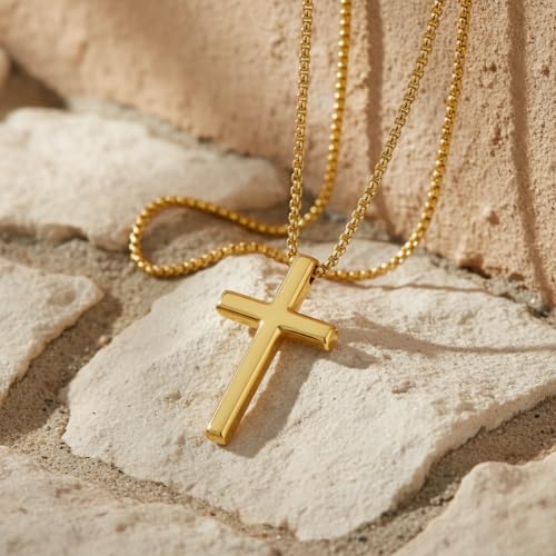 Image of 14K Gold Cross Necklaces for Men,Crosses Pendant Necklace for Mens Minimalist Religion Jewelry Chunky Box Chain 24in