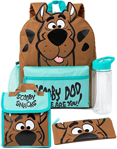 Scooby Doo Kids Backpack Set | Kids Brown 4 Piece Rucksack Bundle with School Bag, Pencil Case, Lunch Bag & Water Bottle | Scooby with 3D Ears Complete Matching Set | Back to School Gifts Y