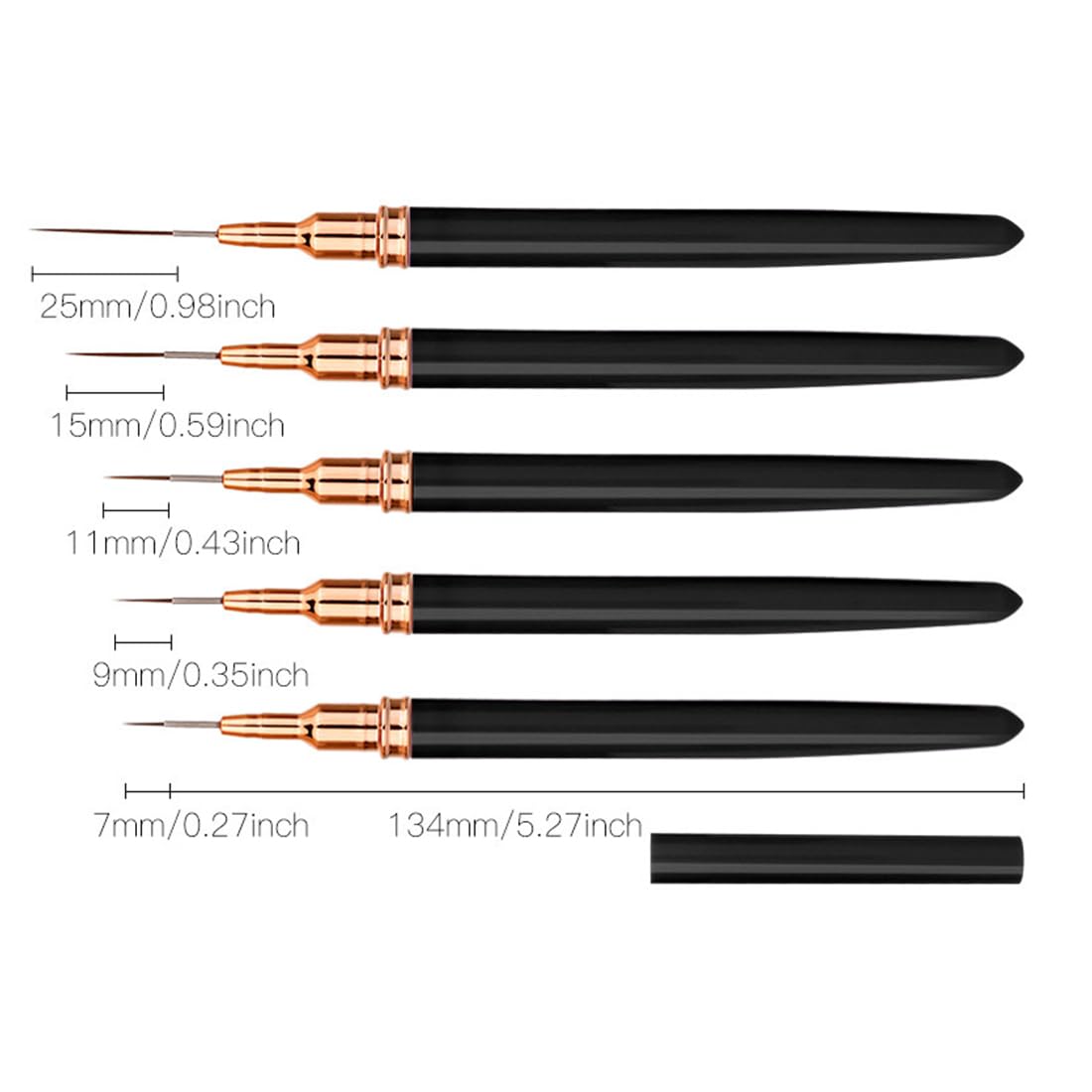 5 Pezzi Pennelli Per Unghie,Pennello Sottile Nail Art Pennelli Set,Pennelli Per Nail Art,Per Disegnare Linee Fini Attrezzo(Nero,7/9/11/15/25 Mm)