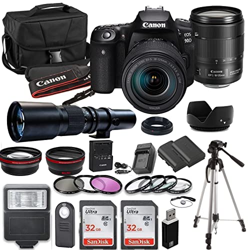 Canon EOS 90D DSLR Camera Bundle with Canon EF-S 18-135mm f/3.5-5.6 is USMLens + 500mm Preset Lens + 2pc SanDisk 32GB Memory Cards + Professional Kit