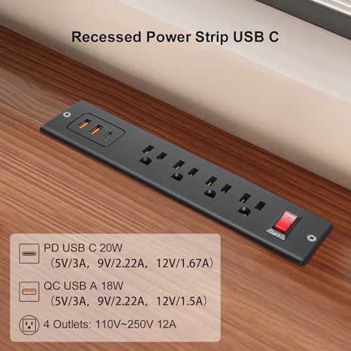Extensión de corriente Triantstek BY213-I042K con 4 tomas y puerto USB-C 20W, carga rápida, cable de 2 m, montaje empotrado para escritorio miniatura 3