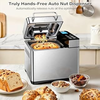 KBS Pro 710W 2LB Bread Maker, Stainless Steel 17-in-1 Smart Bread Machine with Healthy Ceramic Pan, Automatic Nut Dispenser, Tempered Glass Touch Panel, 3 Crust Colors, 15H Timer& Keep-Warm, Recipes