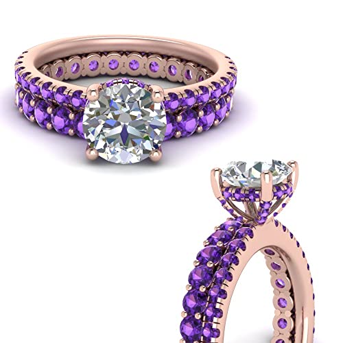 Image of Choose Your Gemstone Hidden Halo Diamond CZ Ring with Gemstone Band Rose Gold Plated Round Shape Wedding Ring Sets Minimal Modern Design Birthday Gift Wedding Gift US Size 4 to 12
