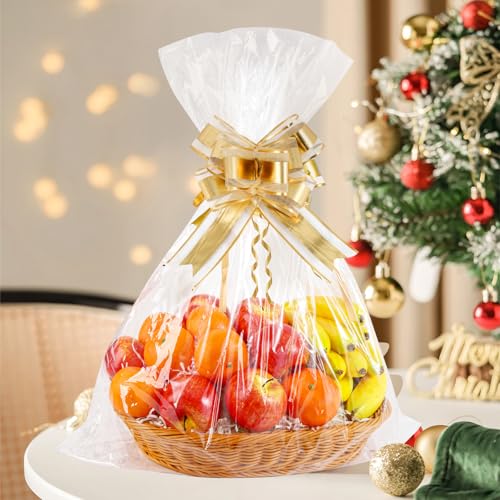 LEOSINDA 10 Pcs Cellophane Bags, 24x30 Inches Cellophane Wrap for Gift Baskets Large Clear Gift Bags With 10 Gold Ribbons for Cookie Candy Goodie